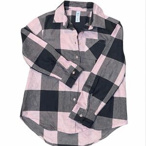 Justice Pink & Black Plaid Flannel Button Down Shirt Girls Size 8